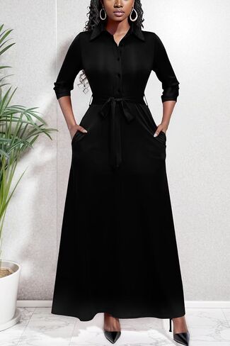 Runwind Women Church Maxi Dresses 3/4 Sleeve Button Down Print Casual Office Dress African in Saudi Arabia