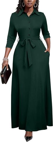 Runwind Women Church Maxi Dresses 3/4 Sleeve Button Down Print Casual Office Dress African in Saudi Arabia