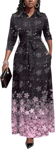 Runwind Women Church Maxi Dresses 3/4 Sleeve Button Down Print Casual Office Dress African in Saudi Arabia
