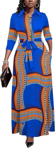Runwind Women Church Maxi Dresses 3/4 Sleeve Button Down Print Casual Office Dress African in Saudi Arabia