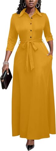 Runwind Women Church Maxi Dresses 3/4 Sleeve Button Down Print Casual Office Dress African in Saudi Arabia