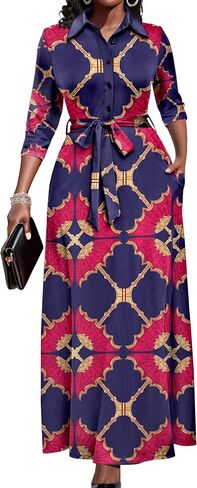 Runwind Women Church Maxi Dresses 3/4 Sleeve Button Down Print Casual Office Dress African in Saudi Arabia