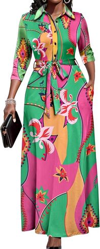 Runwind Women Church Maxi Dresses 3/4 Sleeve Button Down Print Casual Office Dress African in Saudi Arabia