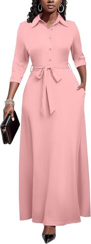 Runwind Women Church Maxi Dresses 3/4 Sleeve Button Down Print Casual Office Dress African in Saudi Arabia