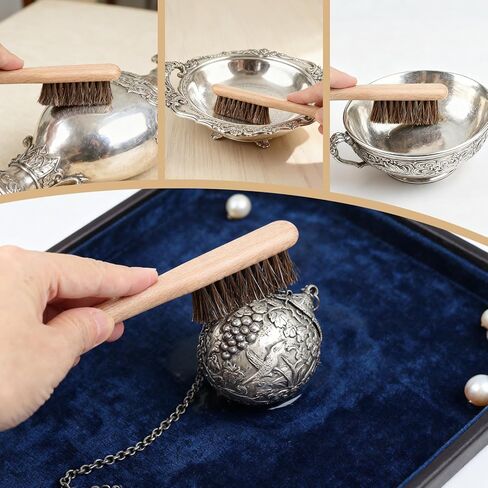 Horsehair Silver Cleaning Brush Set - 2PCS Detailing Brushes for Silverware & Jewelry - Gentle for Sterling, Cutlery, Metal & Antiques - Restores Deep Shine to Precious Items in Saudi Arabia