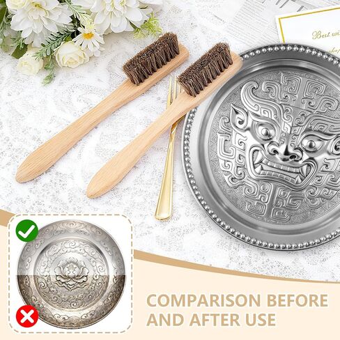 Horsehair Silver Cleaning Brush Set - 2PCS Detailing Brushes for Silverware & Jewelry - Gentle for Sterling, Cutlery, Metal & Antiques - Restores Deep Shine to Precious Items in Saudi Arabia