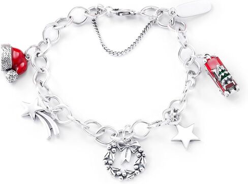 سوار سحر عيد الميلاد S925 JA، من الفضة الاسترليني مع قبعة سانتا، وشاحنة حمراء، ونجمة وإكليل من الزهور in Kuwait