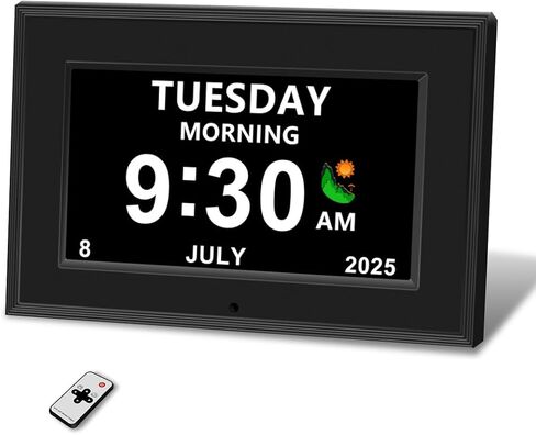 Digital Alarm Clock for Seniors - No-Abbreviation Date HD Display Auto Dimming Photo FrameWhite Noise DST Adjustment, Ideal Gift for Elders (7inch Black) in Saudi Arabia