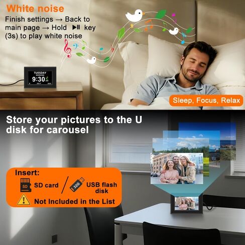Digital Alarm Clock for Seniors - No-Abbreviation Date HD Display Auto Dimming Photo FrameWhite Noise DST Adjustment, Ideal Gift for Elders (7inch Black) in Saudi Arabia