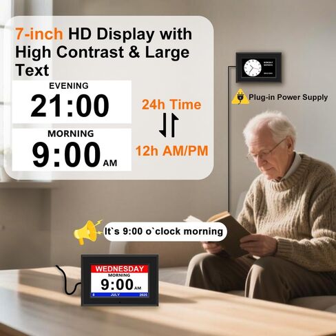 Digital Alarm Clock for Seniors - No-Abbreviation Date HD Display Auto Dimming Photo FrameWhite Noise DST Adjustment, Ideal Gift for Elders (7inch Black) in Saudi Arabia
