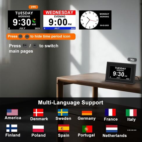 Digital Alarm Clock for Seniors - No-Abbreviation Date HD Display Auto Dimming Photo FrameWhite Noise DST Adjustment, Ideal Gift for Elders (7inch Black) in Saudi Arabia