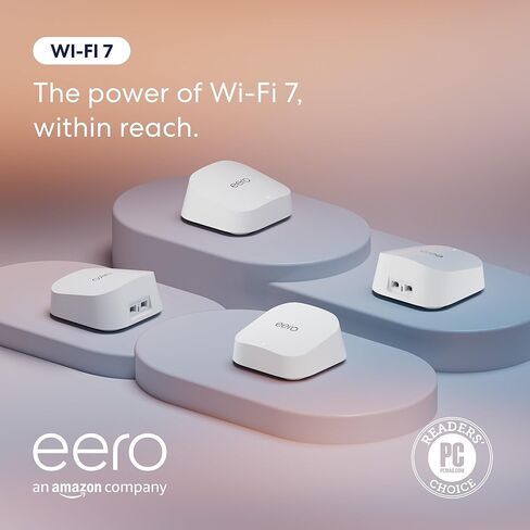 تقديم Amazon Eero 7 Dual-Band Mesh Wi-Fi 7 Router (أحدث طراز)-يدعم خطط الإنترنت تصل إلى 2.5 جيجابت في الثانية ، وتغطية تصل إلى 6000 قدم مربع ، 3 عبوات in Saudi Arabia