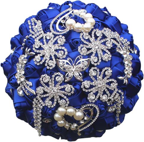 8.3 Inch Handmade Satin Rose Bridal Bouquet Toss Round Wedding Bouquet Throw Toss Artificial Flower Bunch Light Blue in Saudi Arabia