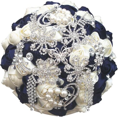 8.3 Inch Handmade Satin Rose Bridal Bouquet Toss Round Wedding Bouquet Throw Toss Artificial Flower Bunch Light Blue in Saudi Arabia
