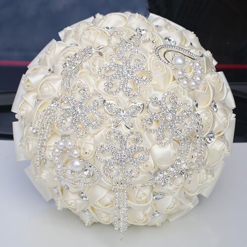 8.3 Inch Handmade Satin Rose Bridal Bouquet Toss Round Wedding Bouquet Throw Toss Artificial Flower Bunch Light Blue in Saudi Arabia