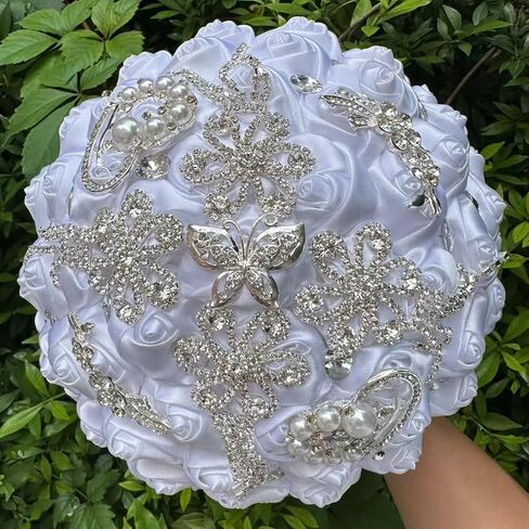 8.3 Inch Handmade Satin Rose Bridal Bouquet Toss Round Wedding Bouquet Throw Toss Artificial Flower Bunch Light Blue in Saudi Arabia