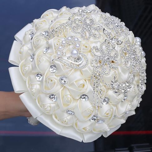 8.3 Inch Handmade Satin Rose Bridal Bouquet Toss Round Wedding Bouquet Throw Toss Artificial Flower Bunch Light Blue in Saudi Arabia