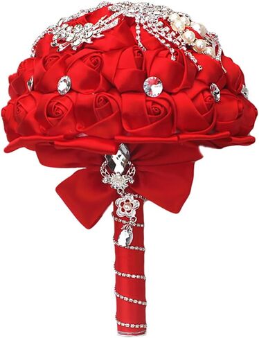 8.3 Inch Handmade Satin Rose Bridal Bouquet Toss Round Wedding Bouquet Throw Toss Artificial Flower Bunch Light Blue in Saudi Arabia
