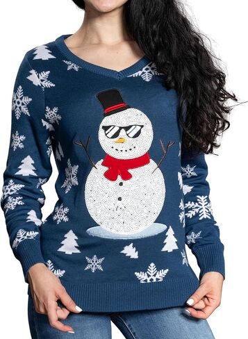 UglyChristmasSweater Women’s Sequin Snowman Fun Festive Sweater with Snowflakes and Trees for Holiday Parties in Saudi Arabia