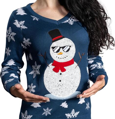 UglyChristmasSweater Women’s Sequin Snowman Fun Festive Sweater with Snowflakes and Trees for Holiday Parties in Saudi Arabia