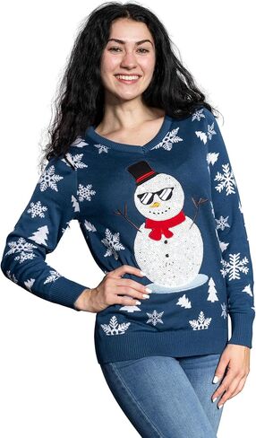UglyChristmasSweater Women’s Sequin Snowman Fun Festive Sweater with Snowflakes and Trees for Holiday Parties in Saudi Arabia