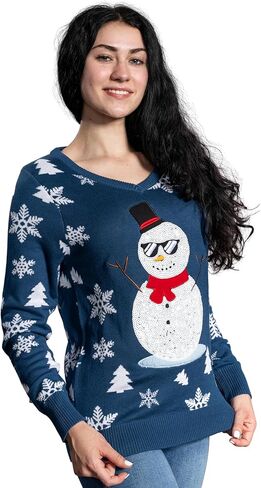 UglyChristmasSweater Women’s Sequin Snowman Fun Festive Sweater with Snowflakes and Trees for Holiday Parties in Saudi Arabia