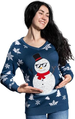 UglyChristmasSweater Women’s Sequin Snowman Fun Festive Sweater with Snowflakes and Trees for Holiday Parties in Saudi Arabia