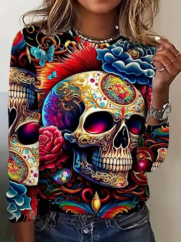 Womens Crew Neck Tops Long Sleeve Shirts Loose Fit Halloween Graphic Print Tops Casual Blouses in Saudi Arabia