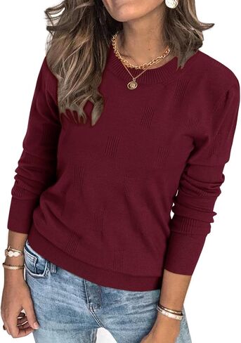 MK Shop Limited البلوزات للنساء الخريف بلوزة طويلة الأكمام خفيفة الوزن Crewneck مضلع متماسكة قمم سترة عارضة البلوز القمصان in Kuwait