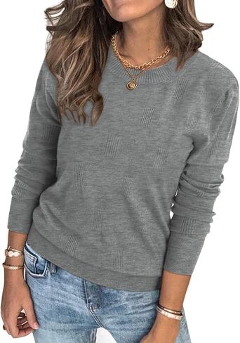 MK Shop Limited البلوزات للنساء الخريف بلوزة طويلة الأكمام خفيفة الوزن Crewneck مضلع متماسكة قمم سترة عارضة البلوز القمصان in Kuwait