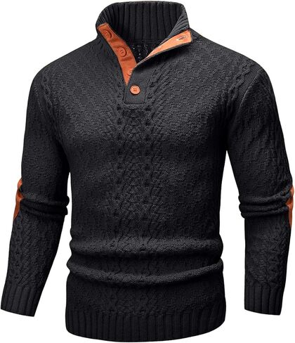 Mens Cable Knit Pullover Sweater Casual Long Sleeve Stand Collar Quarter Button Knitted Sweaters in Saudi Arabia