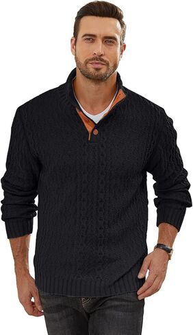 Mens Cable Knit Pullover Sweater Casual Long Sleeve Stand Collar Quarter Button Knitted Sweaters in Saudi Arabia