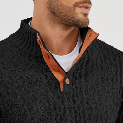 Mens Cable Knit Pullover Sweater Casual Long Sleeve Stand Collar Quarter Button Knitted Sweaters in Saudi Arabia
