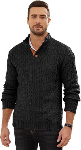 Mens Cable Knit Pullover Sweater Casual Long Sleeve Stand Collar Quarter Button Knitted Sweaters in Saudi Arabia