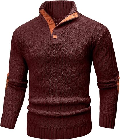 Mens Cable Knit Pullover Sweater Casual Long Sleeve Stand Collar Quarter Button Knitted Sweaters in Saudi Arabia