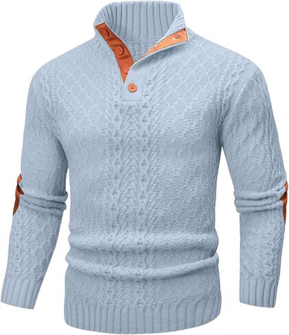 Mens Cable Knit Pullover Sweater Casual Long Sleeve Stand Collar Quarter Button Knitted Sweaters in Saudi Arabia
