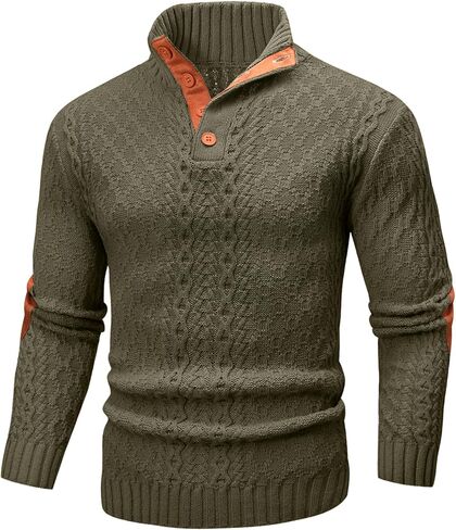 Mens Cable Knit Pullover Sweater Casual Long Sleeve Stand Collar Quarter Button Knitted Sweaters in Saudi Arabia