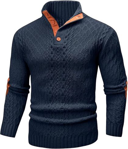 Mens Cable Knit Pullover Sweater Casual Long Sleeve Stand Collar Quarter Button Knitted Sweaters in Saudi Arabia