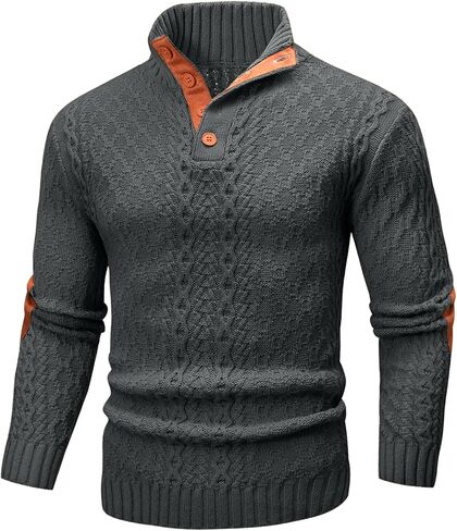 Mens Cable Knit Pullover Sweater Casual Long Sleeve Stand Collar Quarter Button Knitted Sweaters in Saudi Arabia