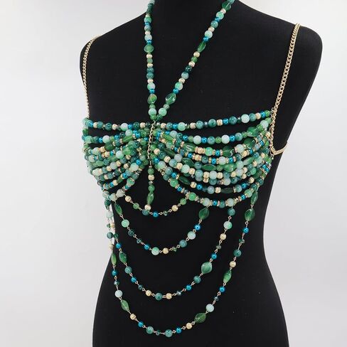 Luxury Beaded Body Chain, Blue and Green Crystal with Gold Accents,Mermaid Costume Bra Rave/Festival/Burlesque Bra Top in Saudi Arabia
