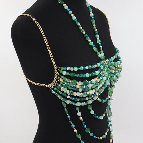 Luxury Beaded Body Chain, Blue and Green Crystal with Gold Accents,Mermaid Costume Bra Rave/Festival/Burlesque Bra Top in Saudi Arabia