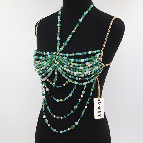 Luxury Beaded Body Chain, Blue and Green Crystal with Gold Accents,Mermaid Costume Bra Rave/Festival/Burlesque Bra Top in Saudi Arabia