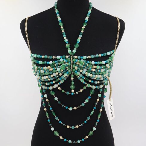 Luxury Beaded Body Chain, Blue and Green Crystal with Gold Accents,Mermaid Costume Bra Rave/Festival/Burlesque Bra Top in Saudi Arabia