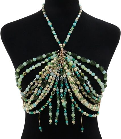 Luxury Beaded Body Chain, Blue and Green Crystal with Gold Accents,Mermaid Costume Bra Rave/Festival/Burlesque Bra Top in Saudi Arabia