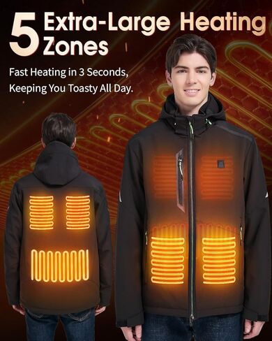 Heated Jacket for Men 12V Battery 5 Large Heat Zones Soft Shell Heating Coat Overheat Protection & Detachable Hood in Saudi Arabia