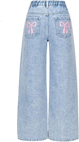 GORGLITTER Girl's Cute Bow Baggy Jeans Wide Leg High Elastic Waisted Y2k Denim Pants Casual Preppy Streetwear 8-12Y in Saudi Arabia