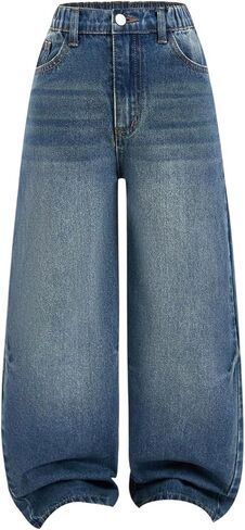 Milumia Girl's Y2k Wide Leg Baggy Denim Pants Elastic Waist Straight Jeans Trousers with Pockets in Saudi Arabia