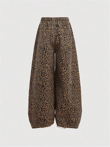 Girl's Leopard Baggy Jeans Cheetah Drawstring Waist Straight Leg Denim Pants Streetwear in Saudi Arabia