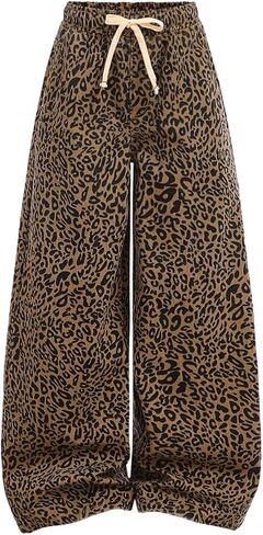 Girl's Leopard Baggy Jeans Cheetah Drawstring Waist Straight Leg Denim Pants Streetwear in Saudi Arabia