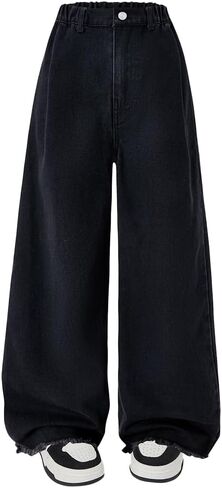 Nivne Tco Tween Girls Baggy Jeans Casual Zipper Fly Black Wide Leg Loose Fit Kids Denim Pants with Pockets in Saudi Arabia